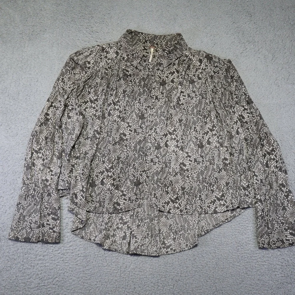 Free People Snakeskin Print High Low Button Down Blouse Grey White XS 30404813